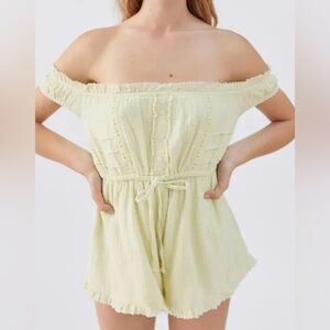 Urban Outfitters Off-Shoulder Drawstring Romper in Light Yellow